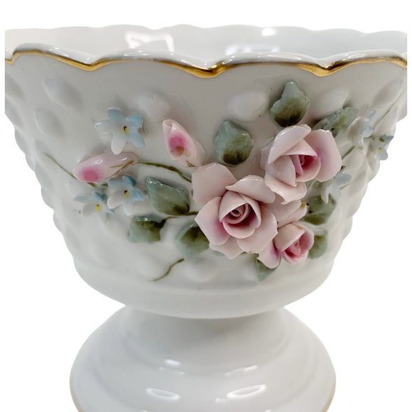 Vintage Lefton Candy Dish Compote Pedestal Rose Hobnail Scalloped Porcelain - Picture 2 of 10